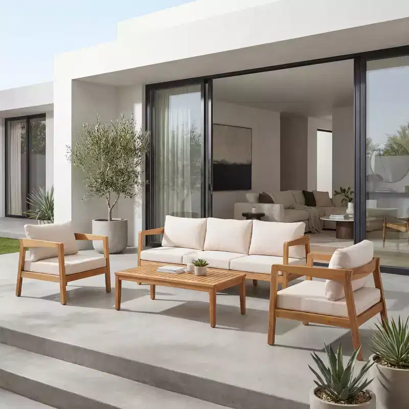 Christopher Knight Home Phachara Modern 4 Piece Acacia Wood Patio Seating Set with Cushions and Slatted Table