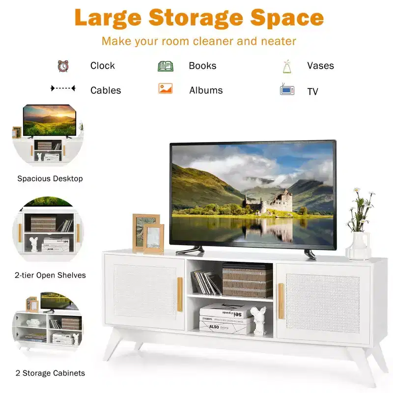 Costway TV Stand Entertainment Media Console w/ 2 Rattan Cabinets & Open Shelves