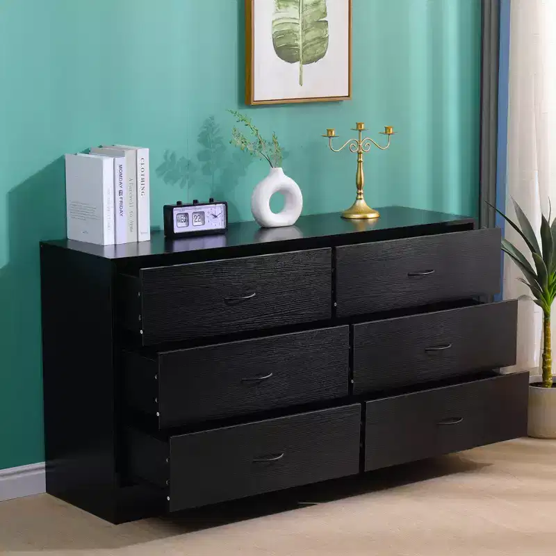 6 Drawer Dresser for Bedroom Wide Modern Chest of Drawers Steel Frame MDF Storage Black