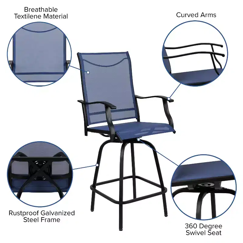 Flash Furniture Valerie Patio Bar Height Stools Set of 2, All-Weather Textilene Swivel Patio Stools and Deck Chairs with High Back & Armrests