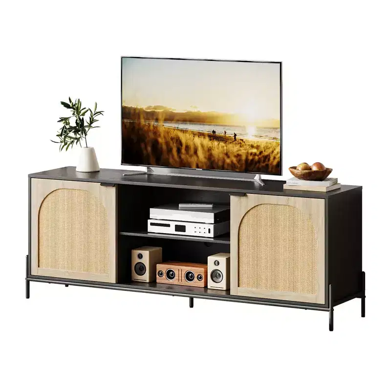 TV Stand With 3 Drawers for Living Room, Entertainment Center With Storage, Rattan Media Console With Metal Legs, Black Wooden Entertainment