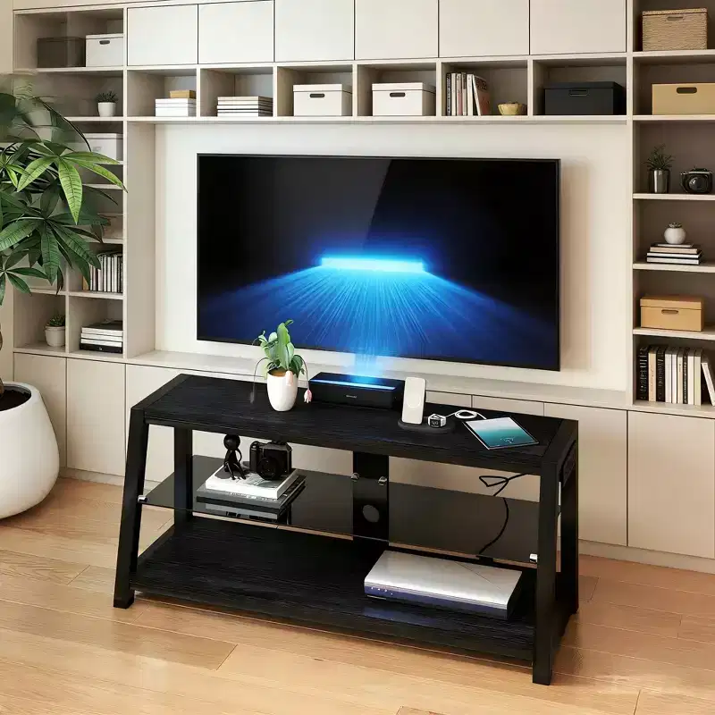 JVNOXK Wooden Storage TV Stand Black Tempered Glass Height Adjustable Universal Swivel Entertainment Center With Mount TV Stand,black