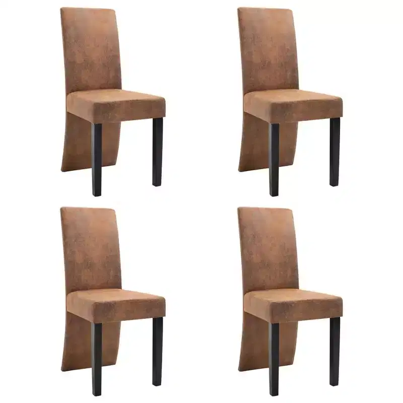 Dining Chair Set of 4, Brown Faux Suede Leather, Solid Wood Frame, 485 lb Capacity