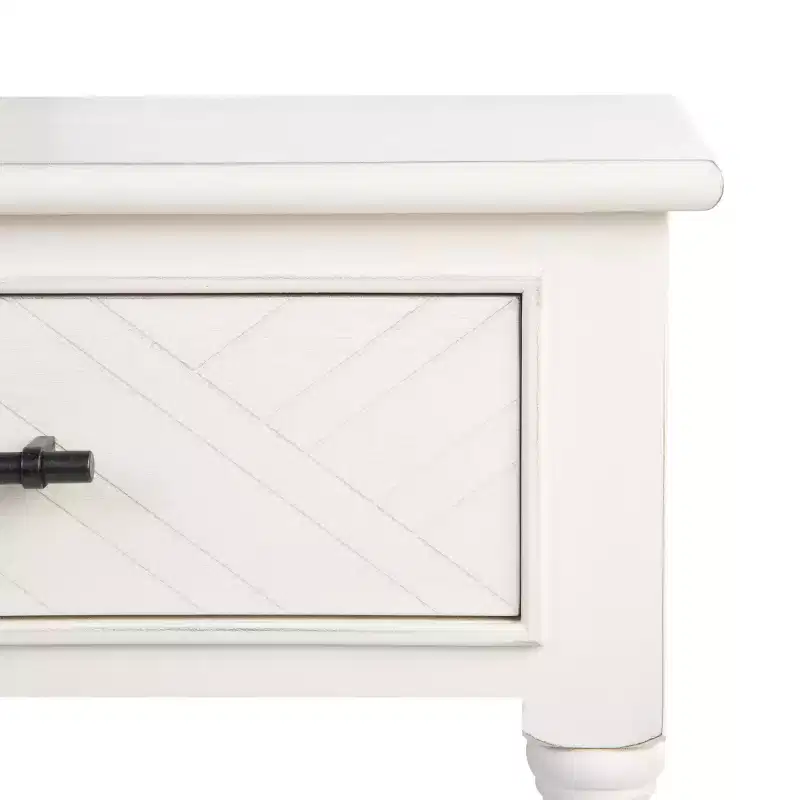 1-Drawer Accent Side Table with Herringbone Detail & Open Shelf, Distressed White