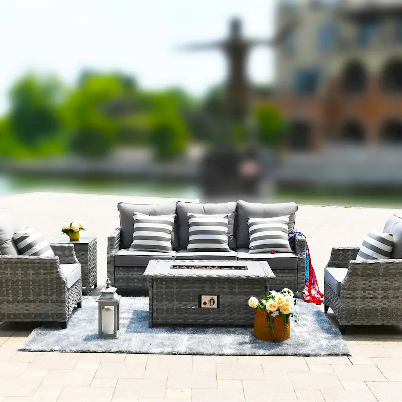 Abrihome 5-piece Wicker Patio Garden Furniture Sofa Set with Gas Fire Pit