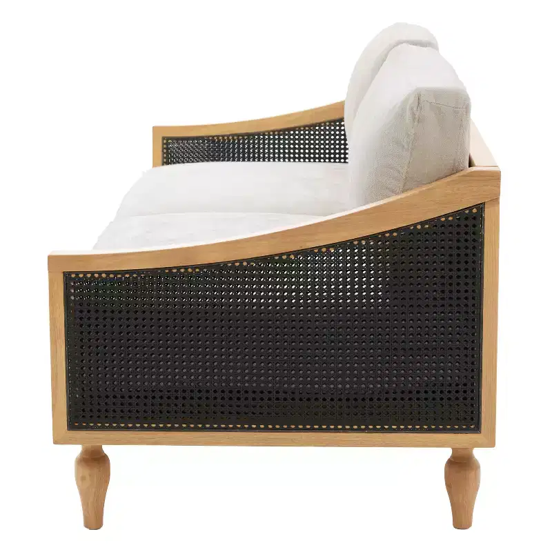 Christopher Knight Home Sachiko 70.9 Mid-Century Modern 2-Seater Rubberwood Chenille Upholstered Sofa with Rattan Armrests