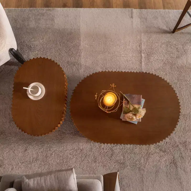 GDFStudio Spencer 2 Piece Wave Stripe Edge Wooden Pedestal Coffee Table Set