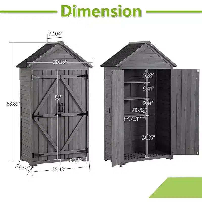 Outdoor Storage Cabinet, Wood Garden Tall Shed,Outside Vertical Shed with 3 Shelves,Waterproof Outside Garden Storage Cabinet, Grey