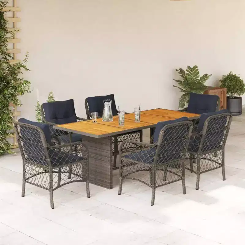 vidaXL 7-Piece Patio Dining Set with Cushions - Poly Rattan, Gray & Navy Blue, Weather-Resistant, Comfortable, Cleans Easy