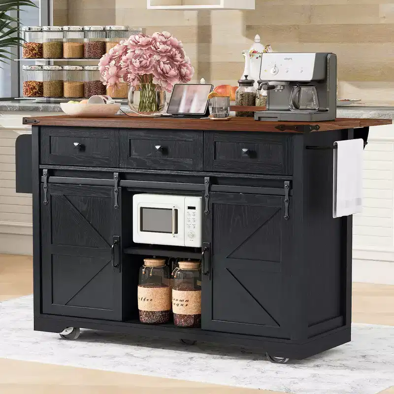 53.7 Farmhouse Kitchen Island with Power Outlet, 2 Sliding Barn Door Kitchen Storage Island with Drop Leaf