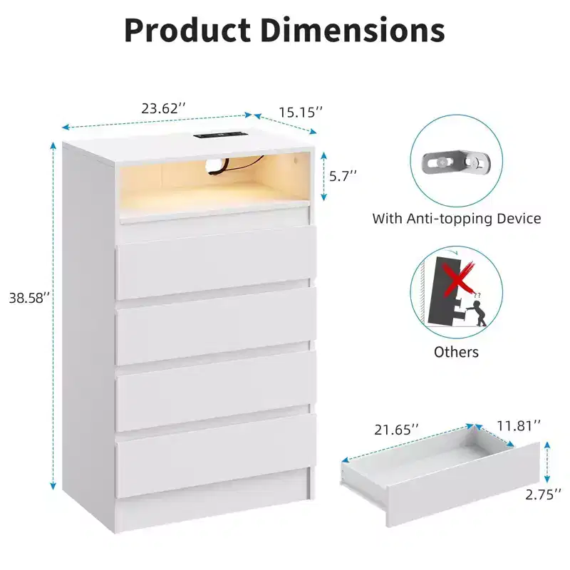 4 Drawer Dresser, White LED Dresser with Charging Station, Anchors to Wall, 6-Color Adjustable Light Strip White
