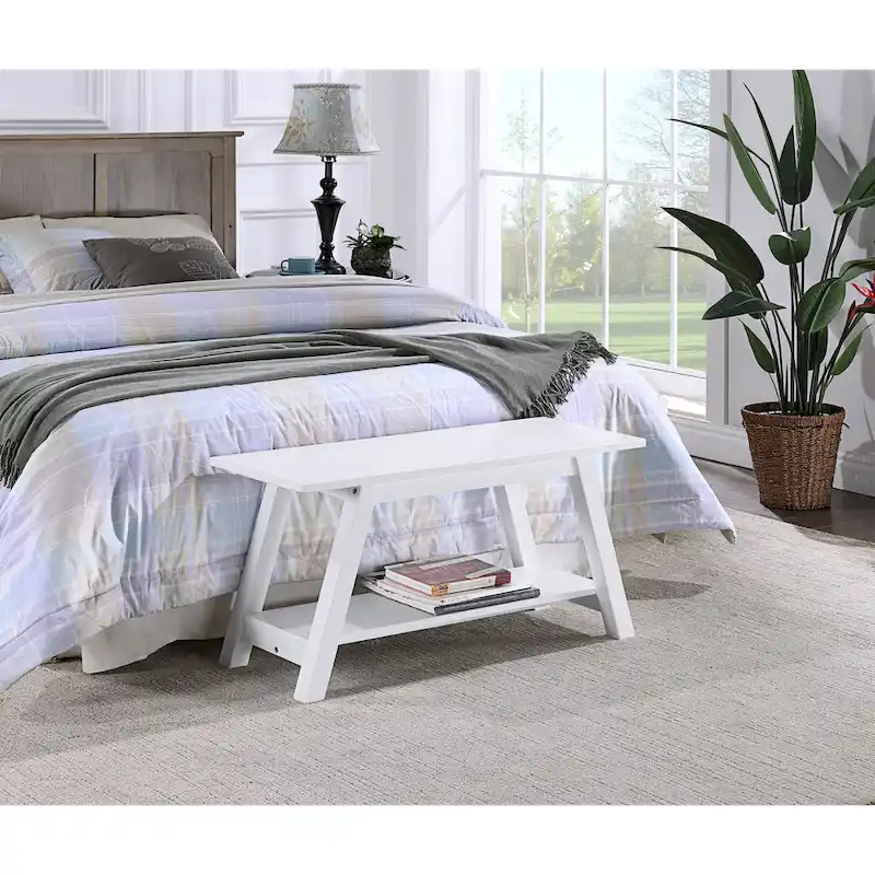 Roundhill Furniture Elyz Solid Wood Bench with Shelf, White
