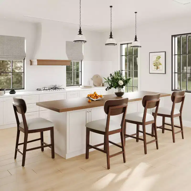 Solid Wood Farmhouse Upholstered Counter Height Bar Stools with Curved Back
