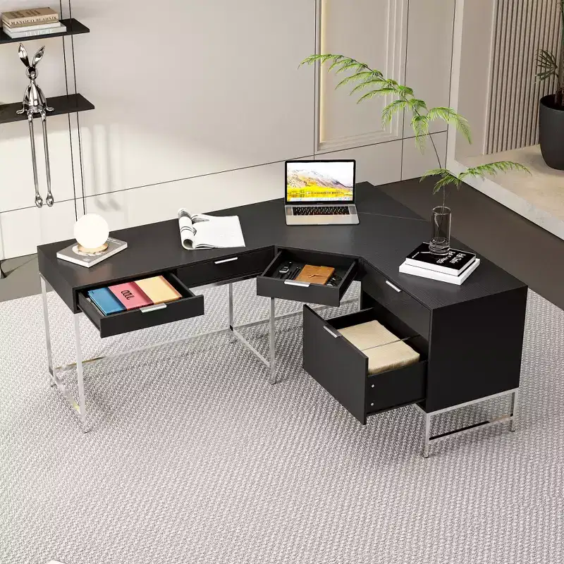 L-Shaped Office Desk, Home/Commercial Workstation, Metal Frame + 5-Drawer + 150LBS Load Capacity, Corner Writing Desk