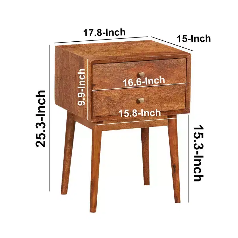Royal Hampton Bedside Nightstand Table with 2 Drawers and Brass Knobs, Mango Wood Construction