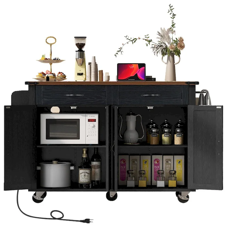 53.5 Farmhouse Kitchen Trolley with Power Outlet, Drop Leaf, Spice Rack, and Drawers, Mobile Cart on Wheels
