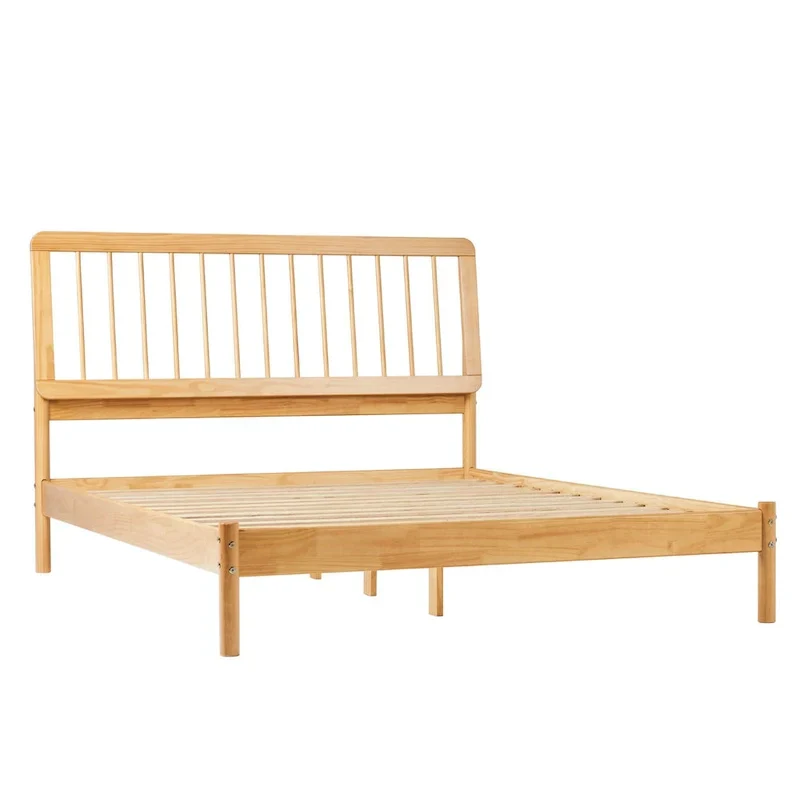 Solid Wood Queen Spindle Bed, Caramel / Natural Pine / Black, Fits 2