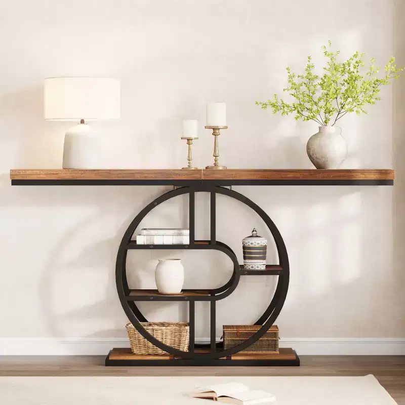 Industrial 55 Console Table, 5-Tier Narrow Entryway Sofa Table with Metal Frame & Multi-Functional Storage Shelves for Living Room & Hallway