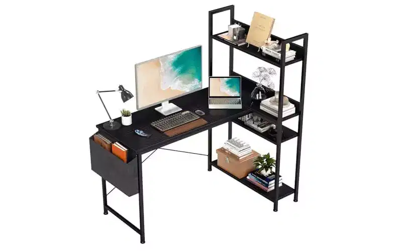 Okak Modern Reversible L-shaped Computer Desk with Standing Adjustable Bookshelf,Teens Student Storage Writing Desk for Study,Office