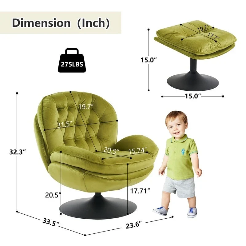 Velvet Swivel Accent Chair with Ottoman Round Reading Accent Chair Foot Stool Ottoman Set,360 Swivel,Metal Frame