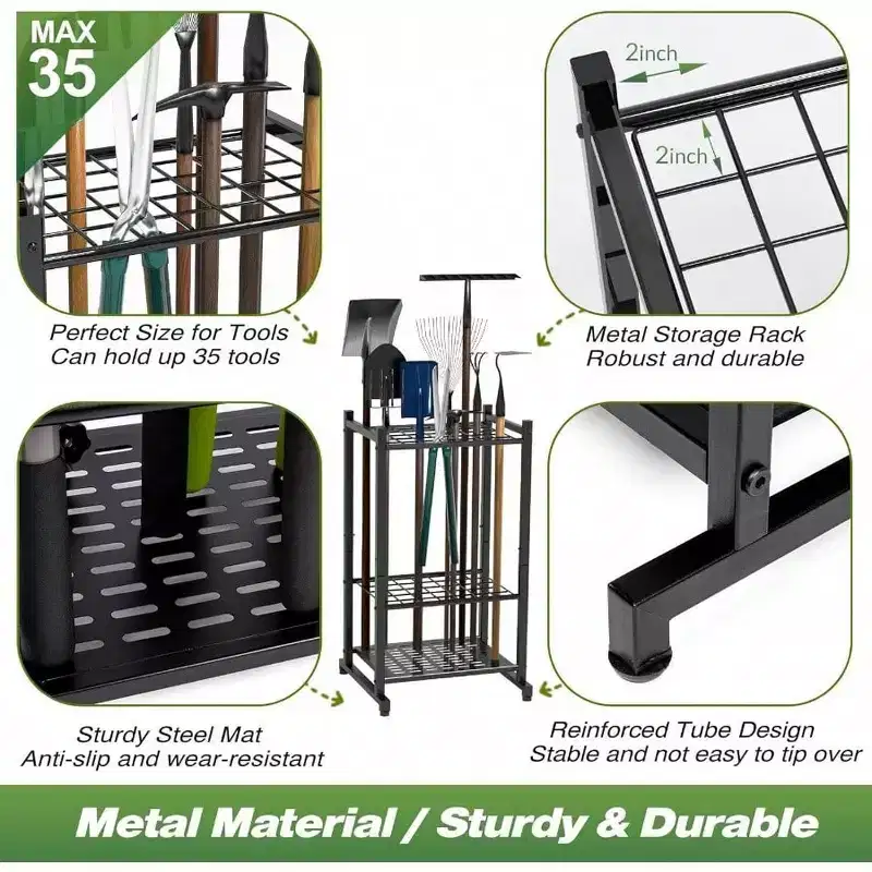 Garden Organizer Yard Tower Rack Garage Storage Heavy Duty Steel Black Shed Outdoor 35 Long - Handled Tools Rakes Brooms Stand