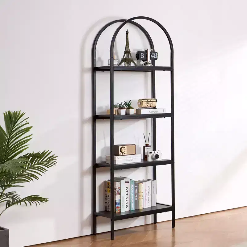 4-Tier Arched Industrial Metal Bookshelf - Rustic Vintage Open Shelves, Freestanding