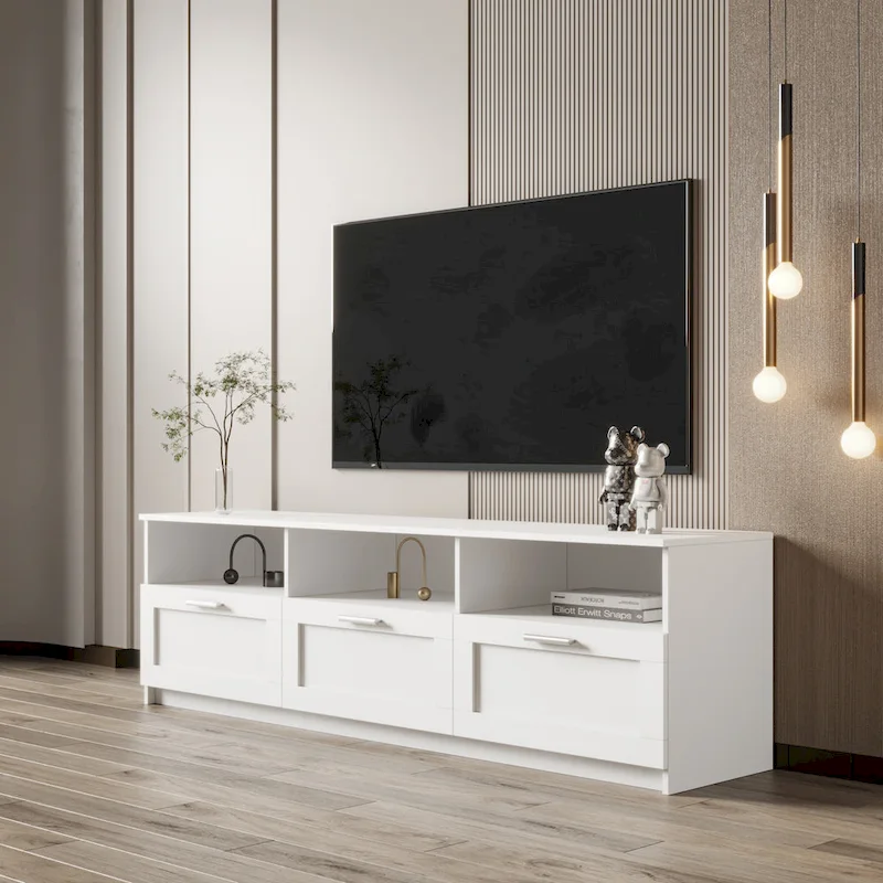 70-Inch TV Stand with Open Shelves and Drawers — White