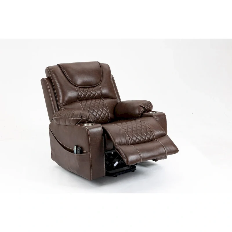 Brown Leather Power Lift Recliner, Multi-Function Massage, Heating, Cup Holders
