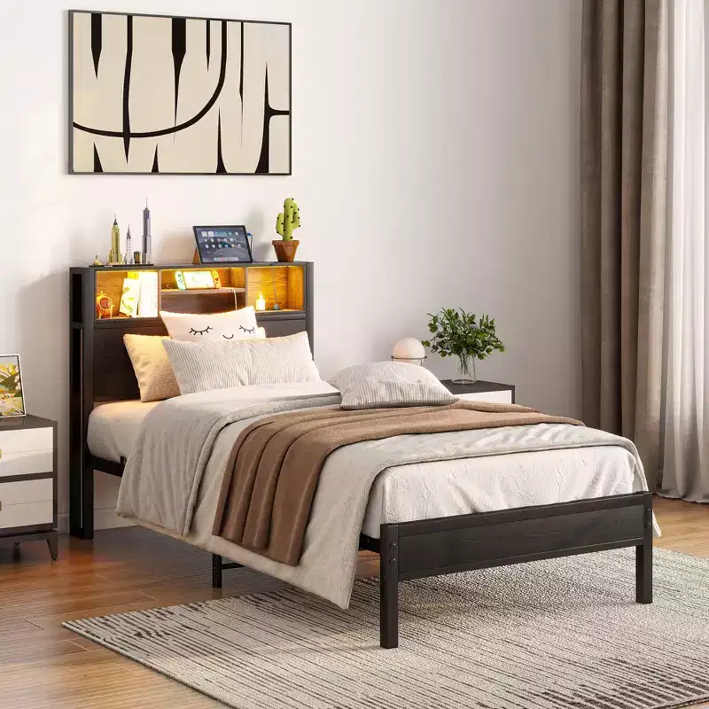 Bellemave Twin Metal Bed Frame with Storage Headboard, RGB LED Lights, Charging Station, Bookcase Storage, No Box Spring