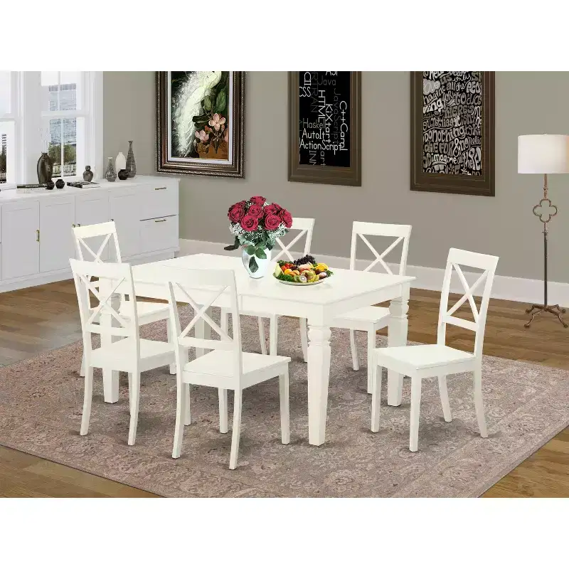 HomeStock Belmont 7 Pc Set With One Weston Table And 6 Wood Seat Chairs, Linen White