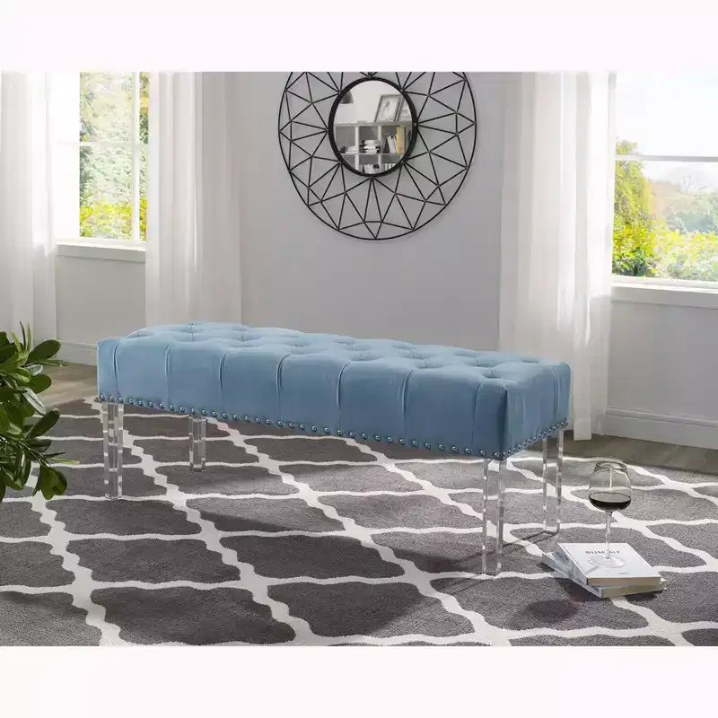 Tufted Velvet Upholstered Bench With Acrylic Leg, Blue