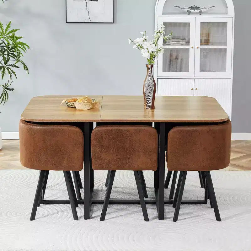 GDFStudio Mauricio Modern 7 Piece Metal Faux Leather Upholstered Dining Set with Wooden Table