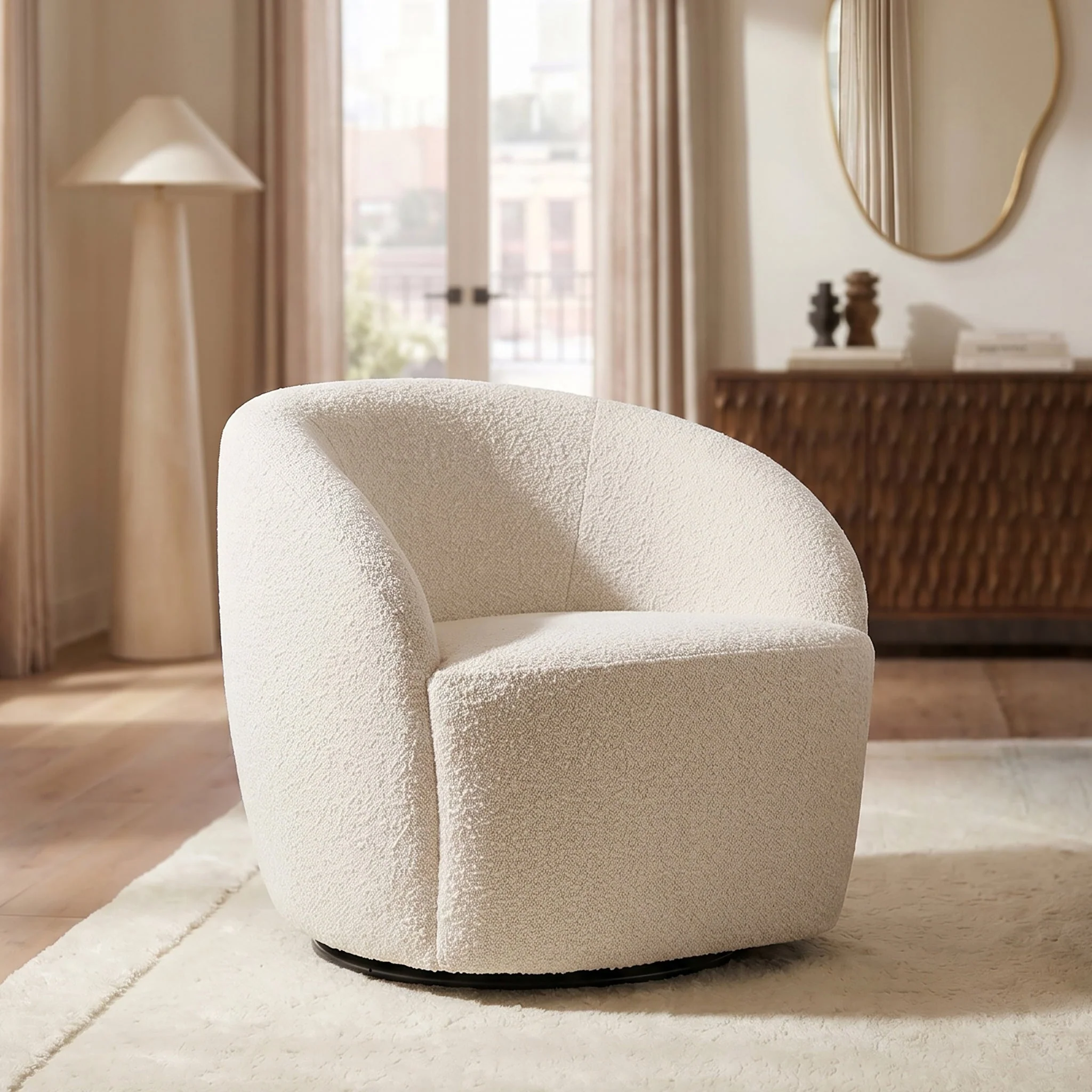 Modern Crema White Boucle Swivel Lounge Chair with Swivel Base