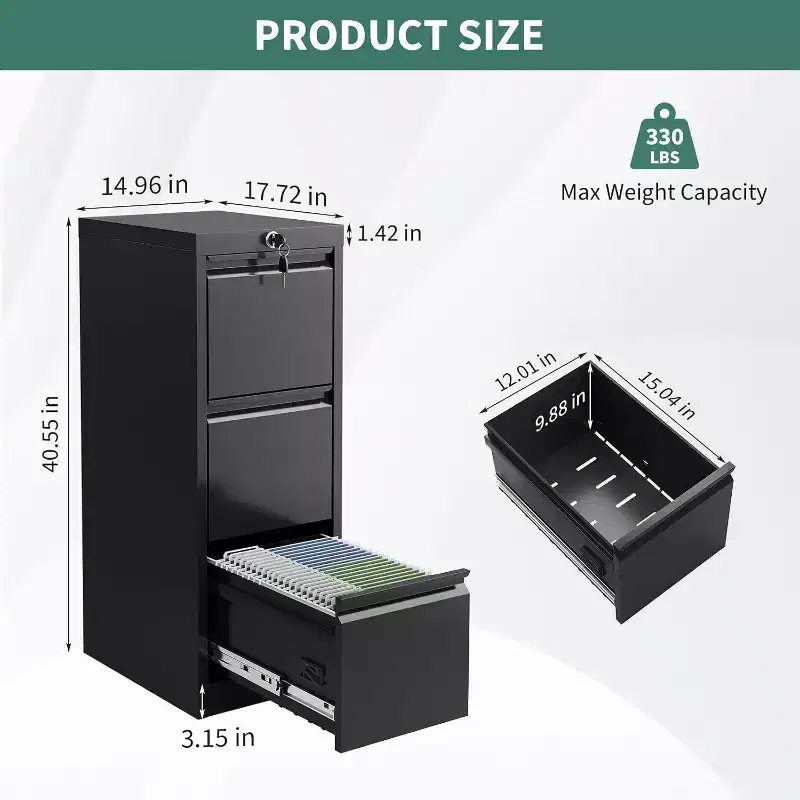 Metal Filing Cabinet with 3 Drawers and Lock, Vertical Filing Cabinet for Lette, Legal, A4, F4, Office Cabinet, Drawer Cabinet for Office
