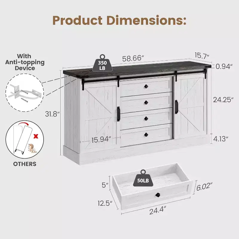 Farmhouse 4 Drawer Dresser, 59 Wood Dressers with Sliding Barn Doors, TV Stand with Drawers & Bar Handles, Chests of Drawers for Living Room, Bedroom