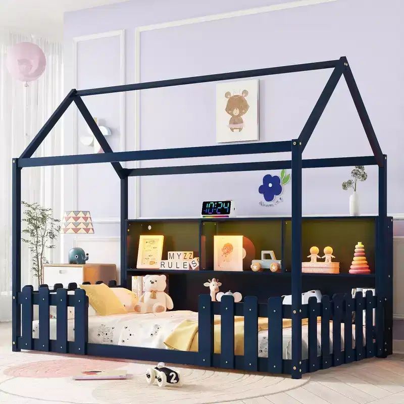 TUYOHW Twin Size Toddler Floor Bed with LED Light for Kids,Modern Metal Montessori Bed with Storage Bookshelf and Guardrails for Bedroom