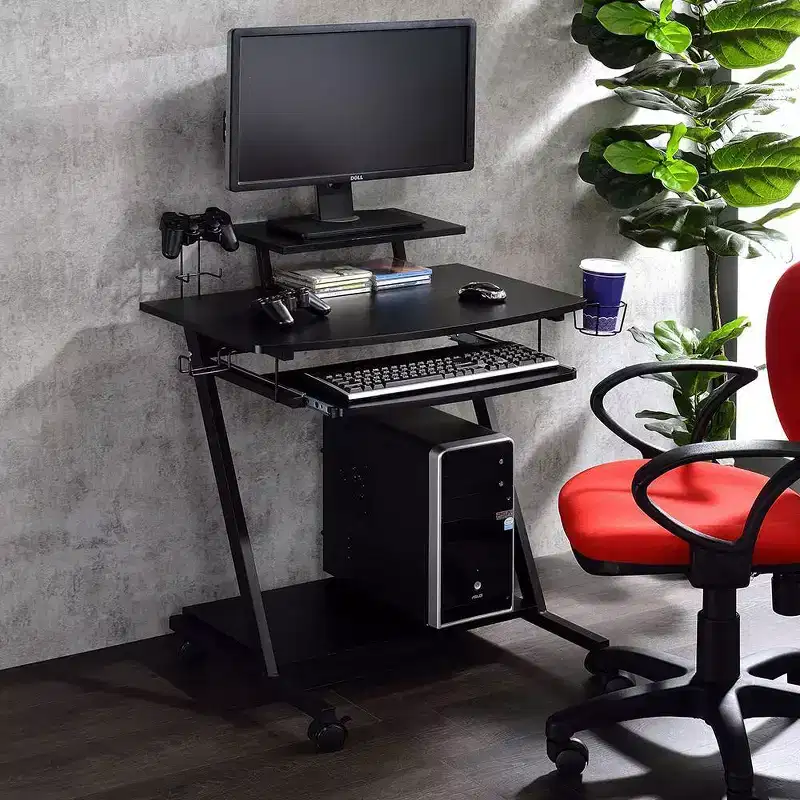 Gaming Desk with Monitor Stand, Keyboard Tray and Storage – Black