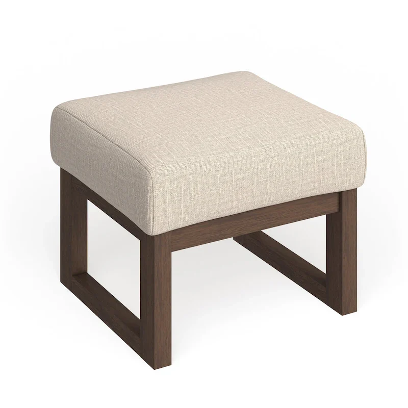 Mid-Century Modern Upholstered Ottoman Stool | Light Beige Fabric | Solid Wood Legs