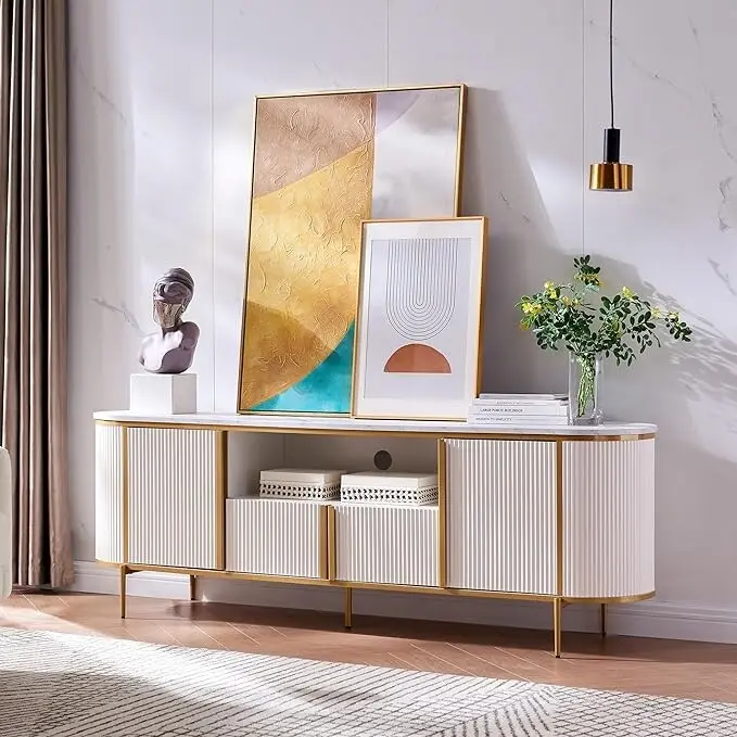 Modern Luxury TV Stand with Faux Marble Top, Fluted Panel, Gold Accents, 4-Door Cabinet