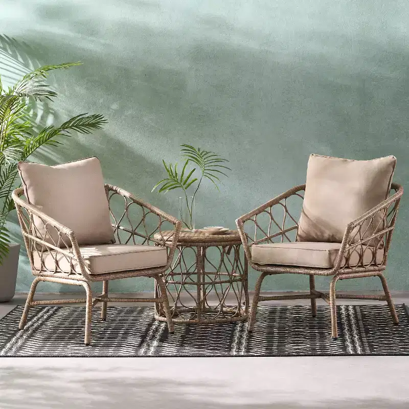 GDFStudio Colmar Outdoor Wicker 3 Piece Chat Set with Cushions, Light Brown/Beige