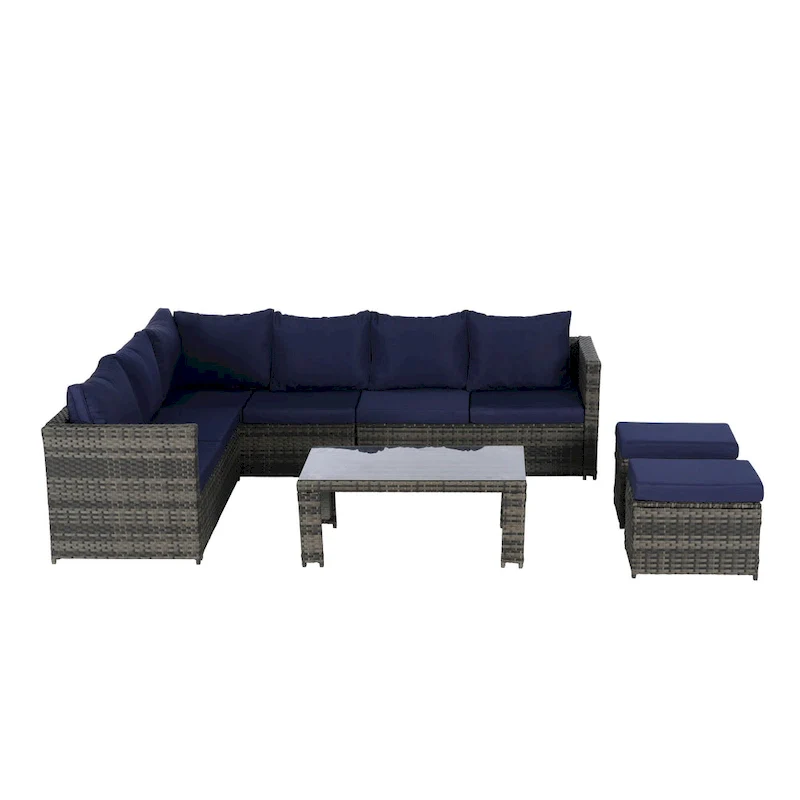 6-Piece Rattan Sectional Sofa Set with Glass Table