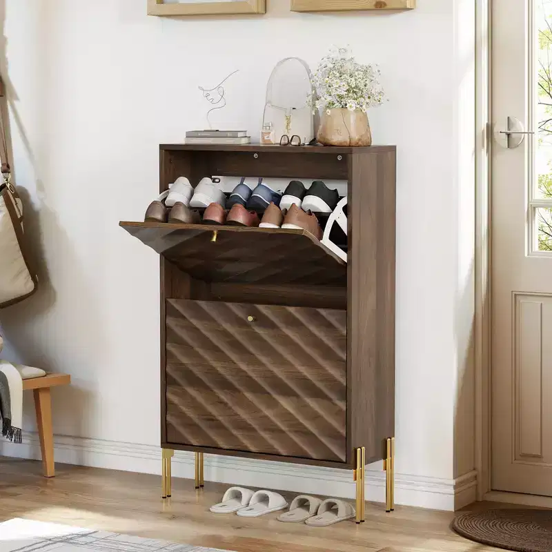 Modern Freestanding Shoe Cabinet Organizer with 2 Flip Drawers, Mid-Century Storage Shoe Rack for Corridors, Entrances