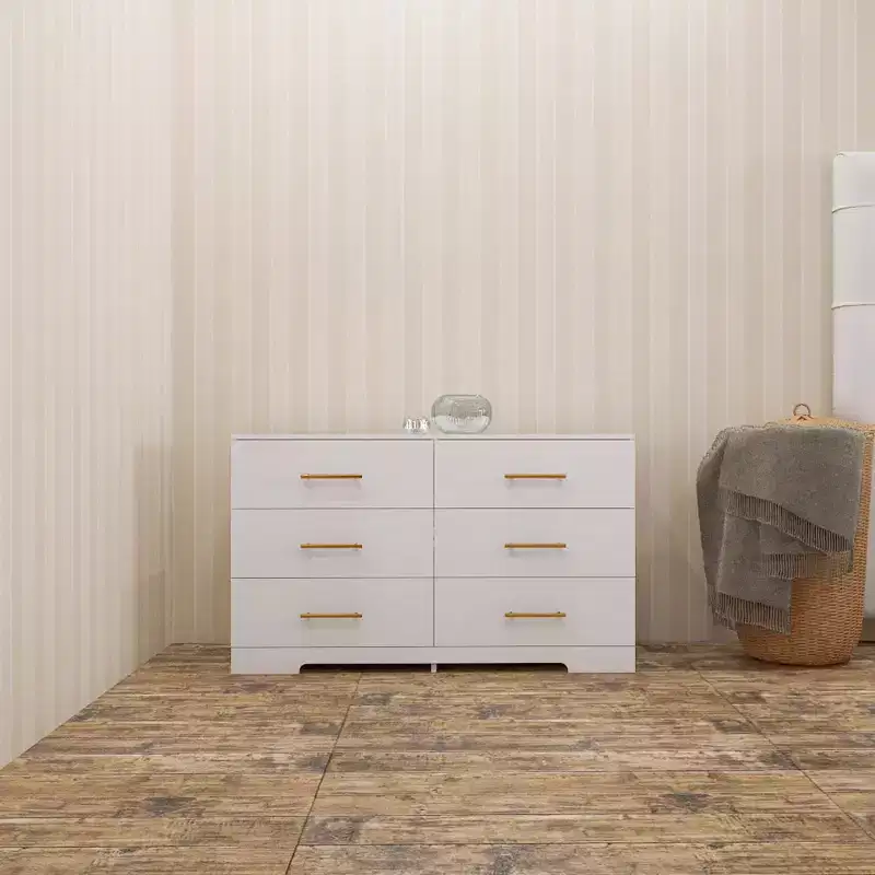 White 6-Drawer Double Dresser with Gold Handles