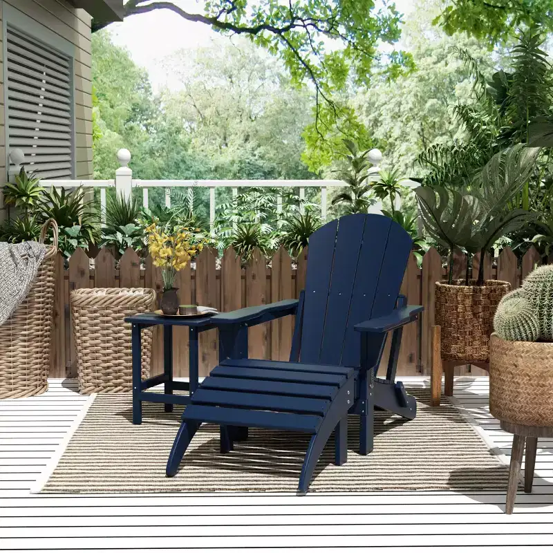 WestinTrends Malibu HDPE Outdoor Patio Folding Adirondack Chair with Ottoman and Side Table - Navy Blue