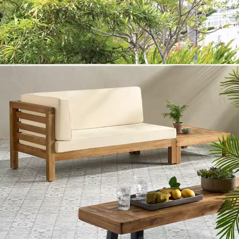 Christopher Knight Home Oana Outdoor Acacia Wood Left Arm Loveseat and Coffee Table Set with Cushion