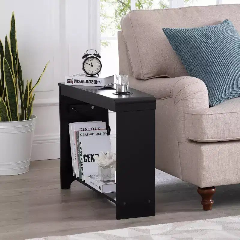 Chairside Table with USB Ports & Outlets, Narrow Side Table for Bedroom & Living Room