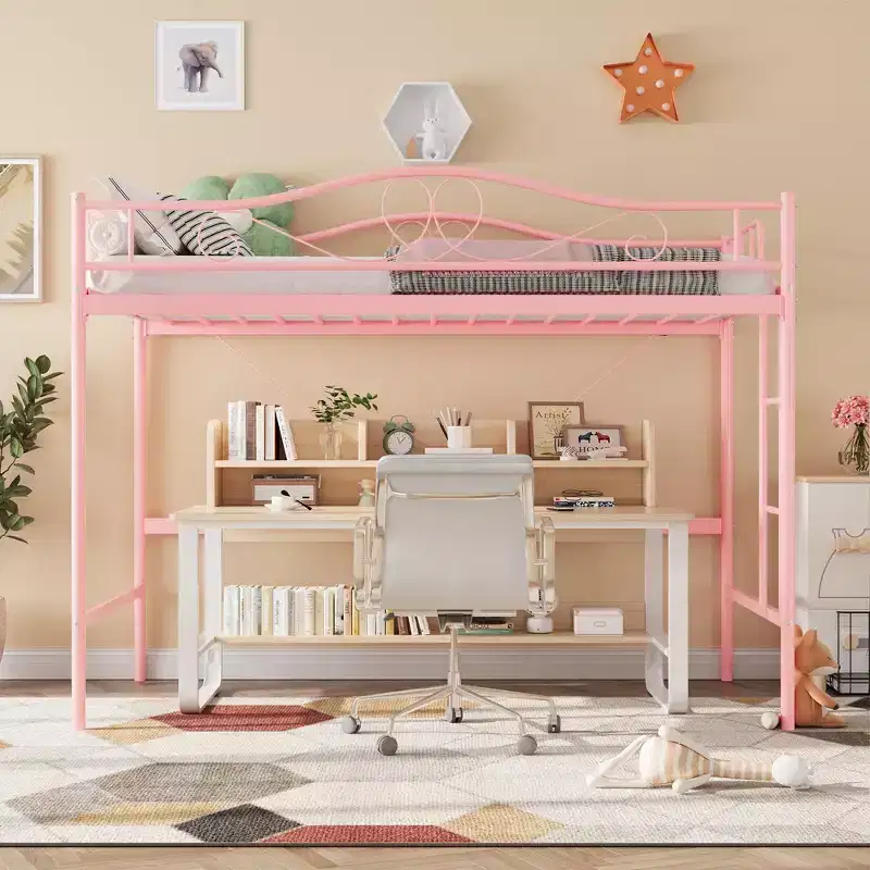 Single loft bed  Heavy-duty metal frame, removable ladder, full-length safety rails, 400 lbs weight capacity, no mattress base required