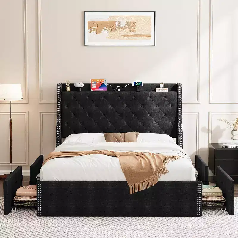 Bed Frame with Storage, 4 Under Bed Drawers and Wingback Headboard, Diamond Tufted Upholstered Platform, No Box Spring Required