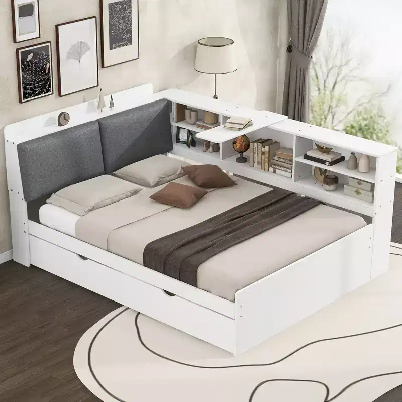 FAMYYT Full Size Platform Bed?With Storage Headboard, Shelves and Trundle, Easy Assembly