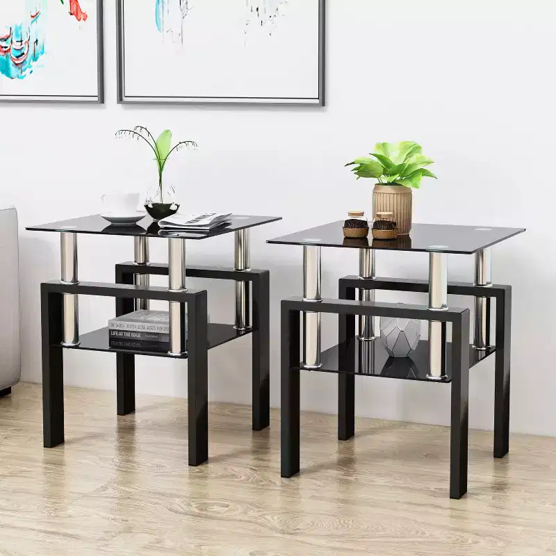 MAYEERTY Modern Tempered Glass End Table, Square Side Table for Living Room Bedroom, Set of 2, Black